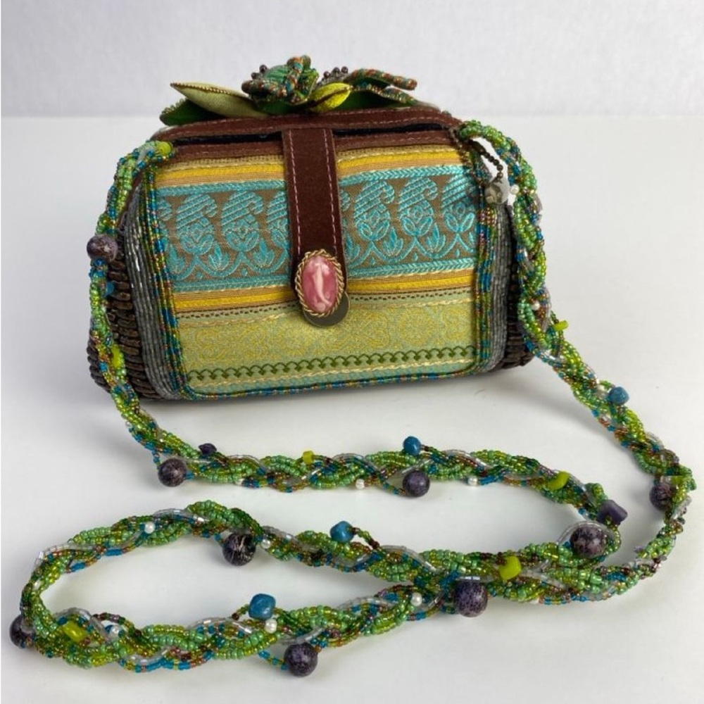 Mary Frances Floral Beaded Clutch in Green and Pink - Picture 2 of 6